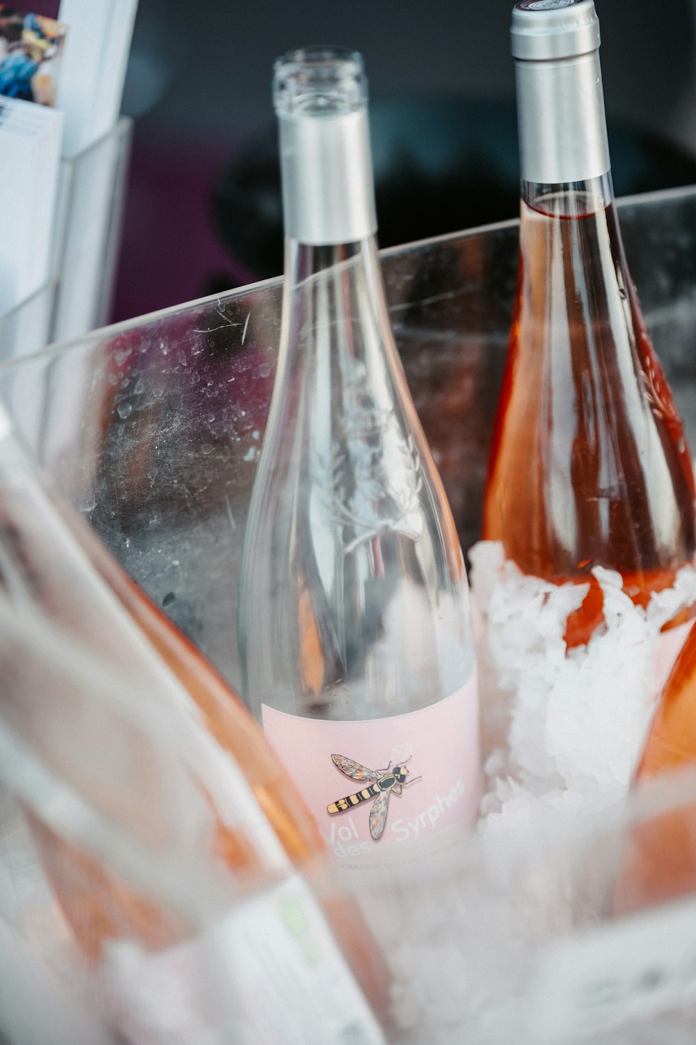 three bottles of wine sitting in ice in a bucket