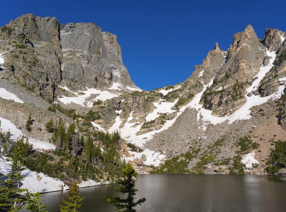 a lake surrounded by snow covered mountains under a blue sky