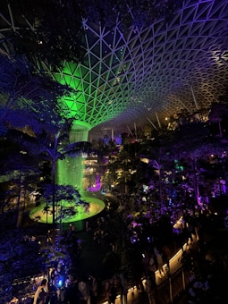 A large indoor space featuring a striking water fountain surrounded by lush greenery. The area is enclosed by a high, geometric-patterned ceiling. Vibrant green and purple lights illuminate the scene, casting an ethereal glow on the plants and water. Numerous people are visible, leisurely walking and observing the surroundings.