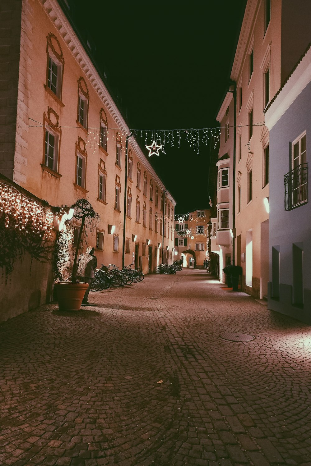 a cobblestone street is lit up with christmas lights