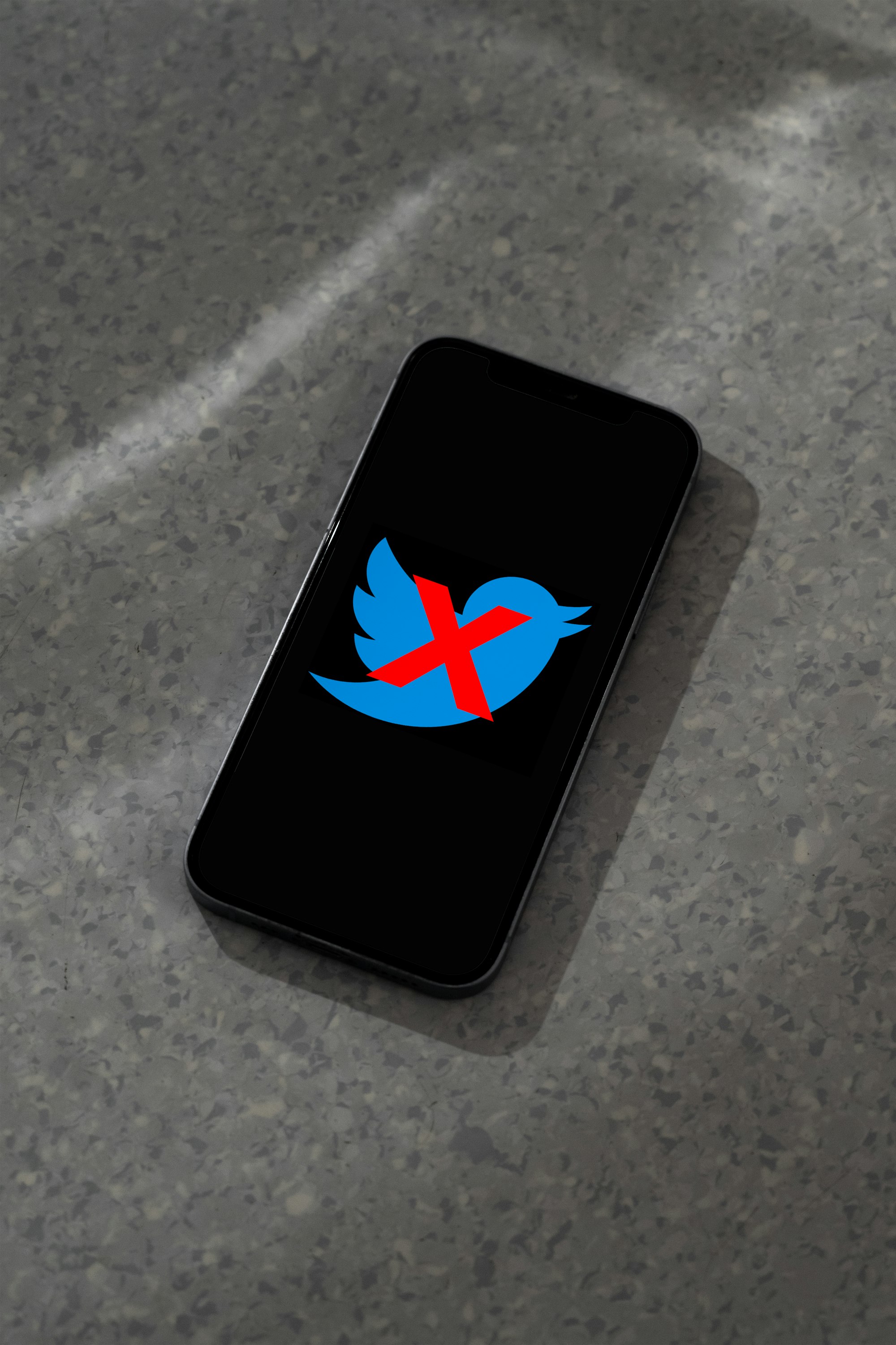 a phone with a red and blue twitter logo on it