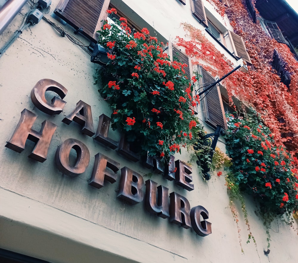 a building with flowers growing on the side of it