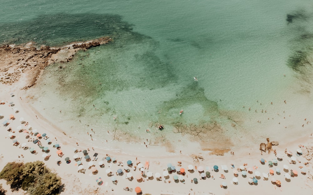 an aerial view of a sandy beach with umbrellas