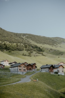 A cluster of wooden houses with red roofs is nestled on a lush green hillside. The landscape is expansive with rolling hills and scattered trees. The sky above is clear and blue, providing a serene backdrop to the rural setting.