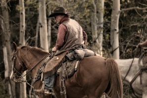 A person wearing a cowboy hat and leather vest rides on a brown horse through a forest of tall, slender trees with light-colored bark. The rider appears equipped for journey with a saddlebag attached. The muted, earthy tones suggest an autumn setting.