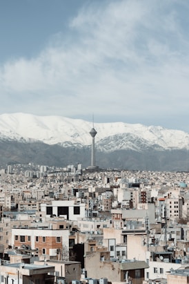a view of a city with mountains in the background