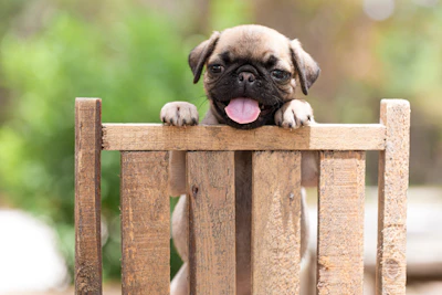 a small dog sticking its head over a wooden bench