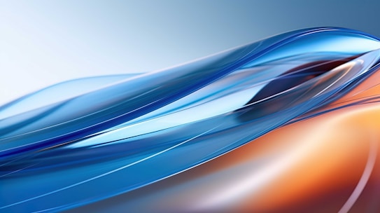 Flowing abstract shapes with smooth curves and gradients of blue and orange. The composition creates a sense of fluidity and movement.