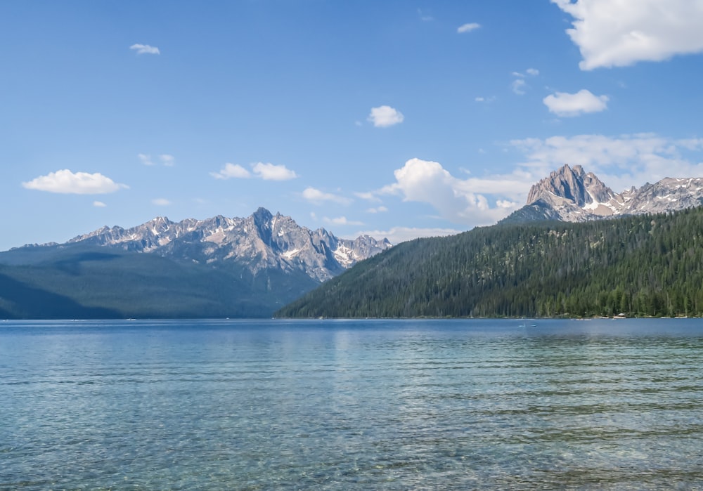 a lake with mountains in the background