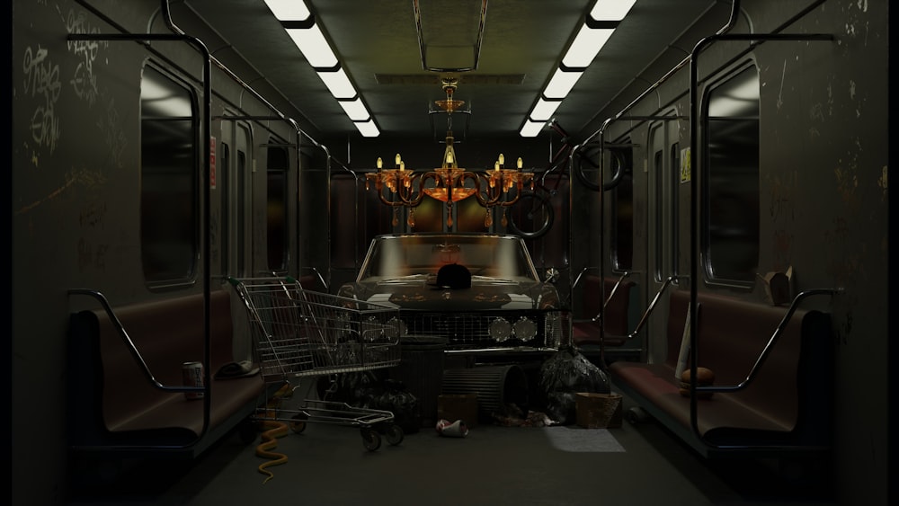 an empty subway car with a chandelier hanging from the ceiling