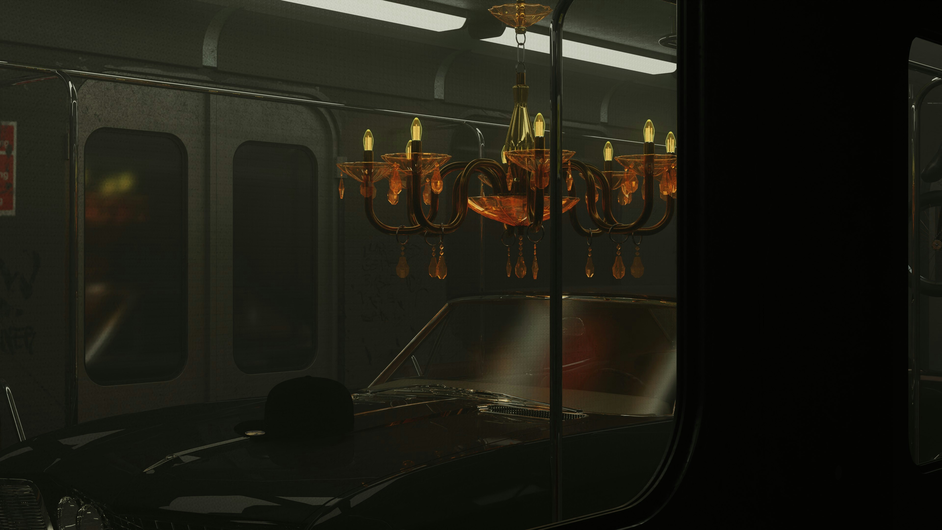 ein Eisenbahnwaggon mit einem Kronleuchter, der von der Decke hängt