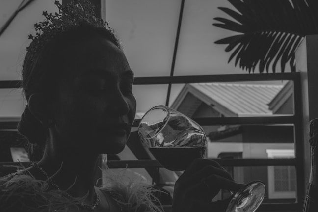 A silhouette of a person holding a wine glass near their face. They appear to be wearing a tiara and are seated in a dimly lit room with architectural elements and possibly plants in the background.