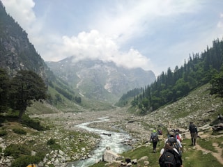 a group of people walking up a hill next to a river
