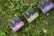 Three small rectangular boxes with elegant packaging design featuring large letters and intricate patterns are placed on lush green grass with scattered clover and small white flowers.