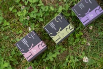 Three small rectangular boxes with elegant packaging design featuring large letters and intricate patterns are placed on lush green grass with scattered clover and small white flowers.