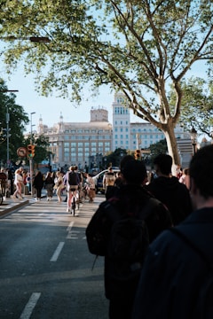 A bustling urban street with smart traffic lights and cyclists moving smoothly