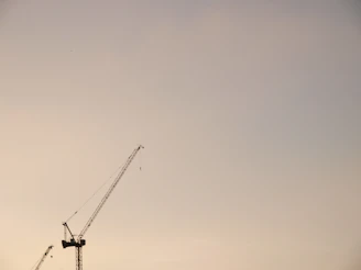Modern construction cranes working against a clear blue sky during a bright day.