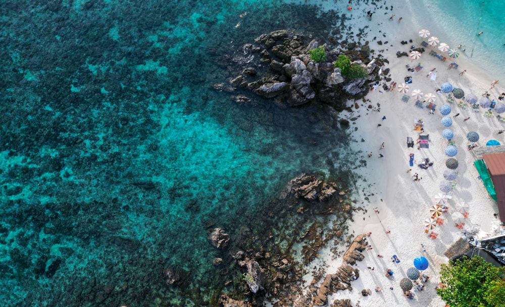 an aerial view of a beach with umbrellas