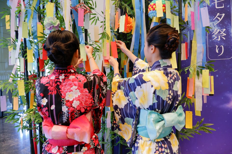 Tanabata bamboo decorations with colorful wishes