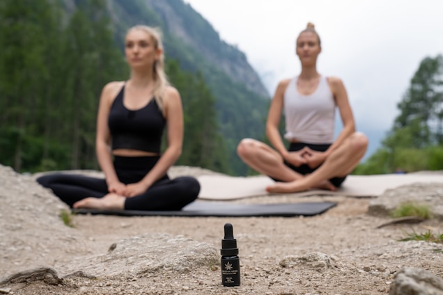 Two people are meditating outdoors in a serene natural setting, sitting cross-legged on yoga mats on a rocky surface. In the foreground, there is a small bottle with a dropper, possibly containing essential oil or a natural remedy. The background features a lush, green forest and distant mountains, evoking a peaceful and tranquil atmosphere.