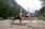 Two people are practicing yoga on mats near a serene river surrounded by lush green trees and a rocky landscape. They are both focused and stretching, with one in a black outfit and the other in a white top and black shorts.