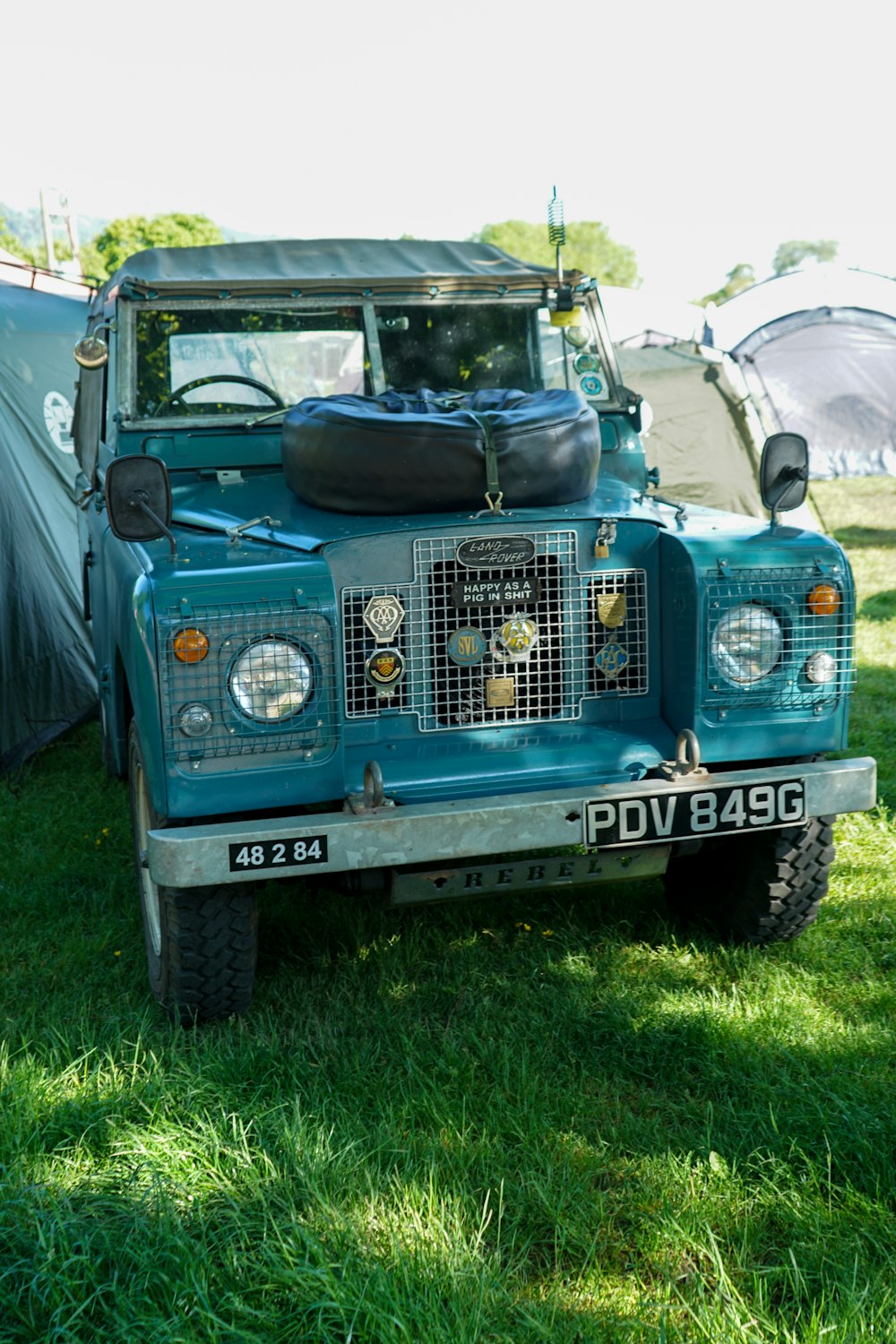 a blue truck parked on top of a lush green field