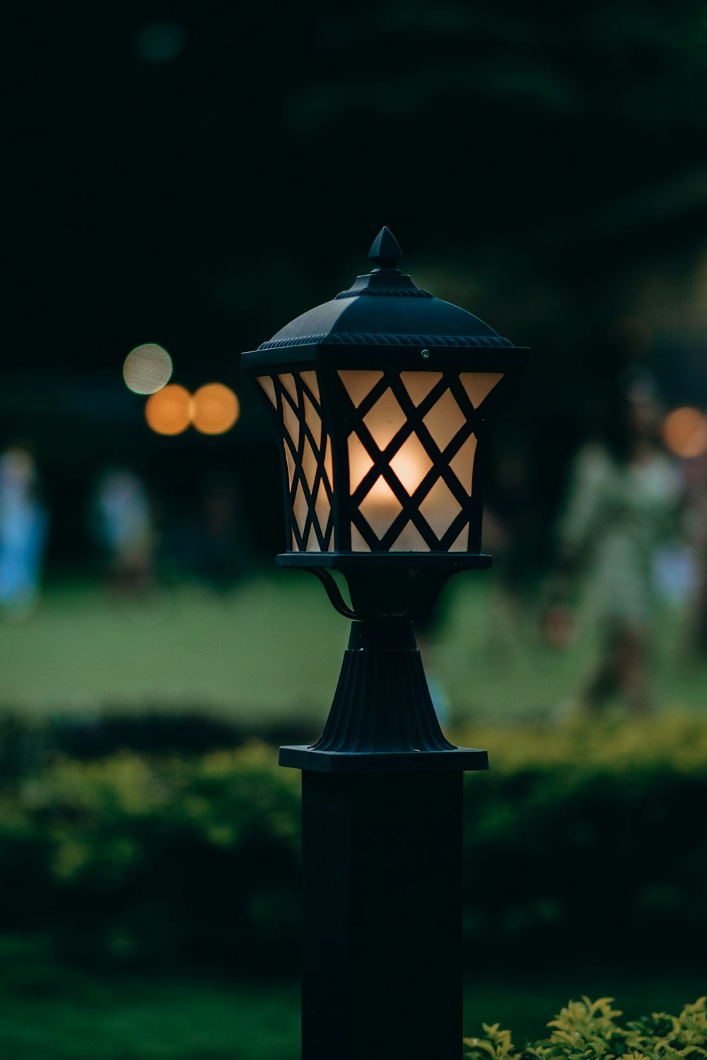 a light that is on a post in the grass