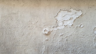 A textured wall with peeling paint. The surface shows signs of wear and age, with visible cracks and uneven patches. The paint is chipping off in various areas, revealing a rough, weathered texture.