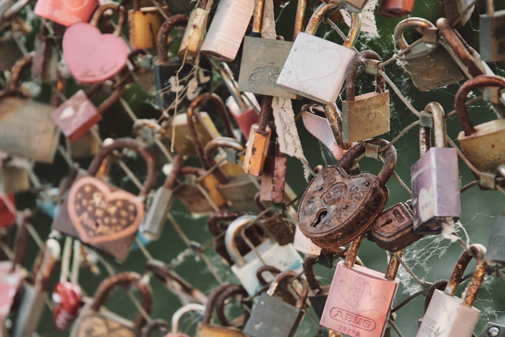 a bunch of padlocks attached to a wall