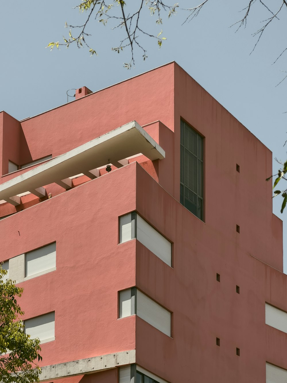 a pink building with a tree in front of it