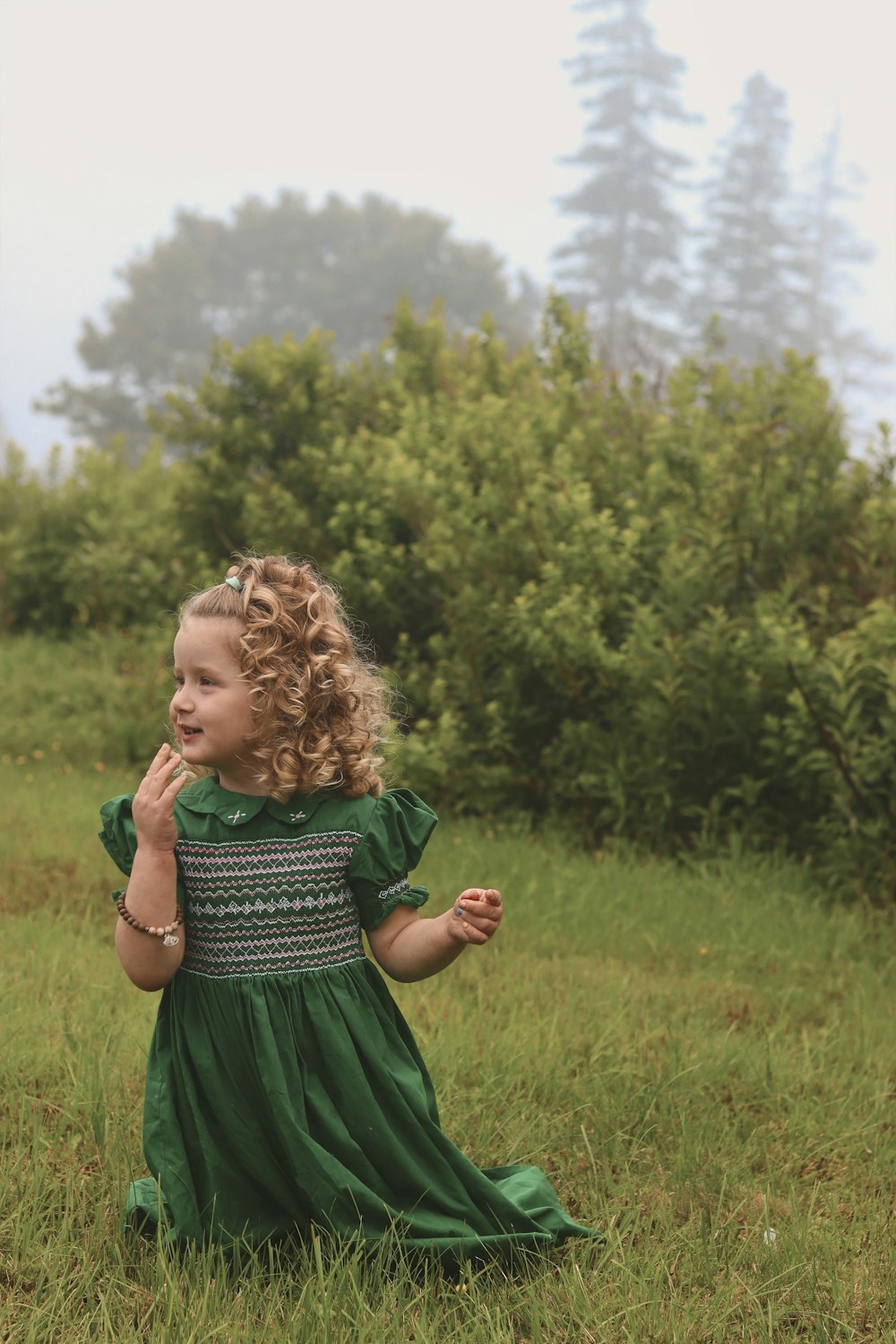 a little girl in a green dress standing in a field