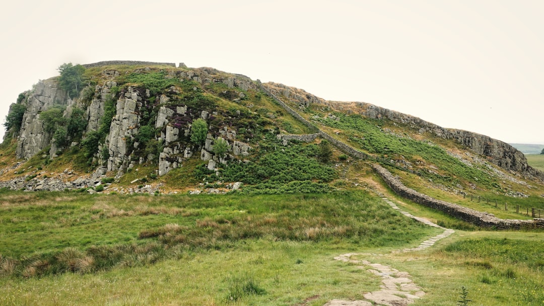 a grassy hill with a stone wall on top of it,