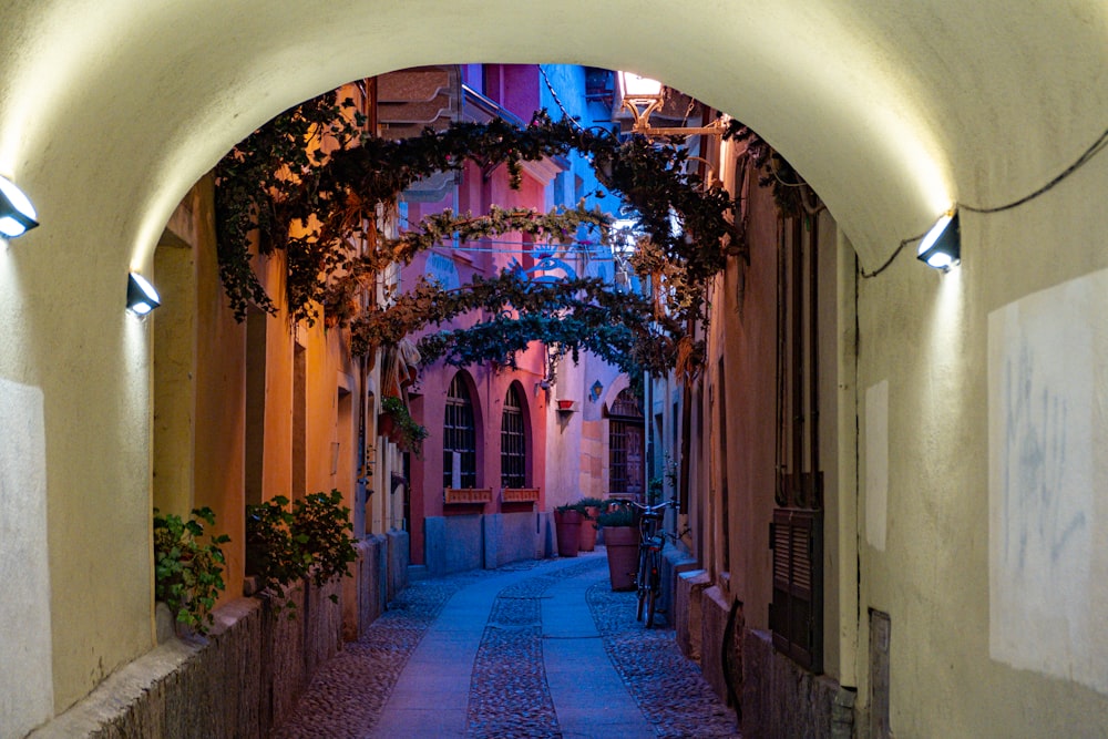 a narrow alley way with an arch leading to a building