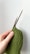 A hand is holding two wooden knitting needles and working on a piece of green knitted fabric with a bumpy texture.