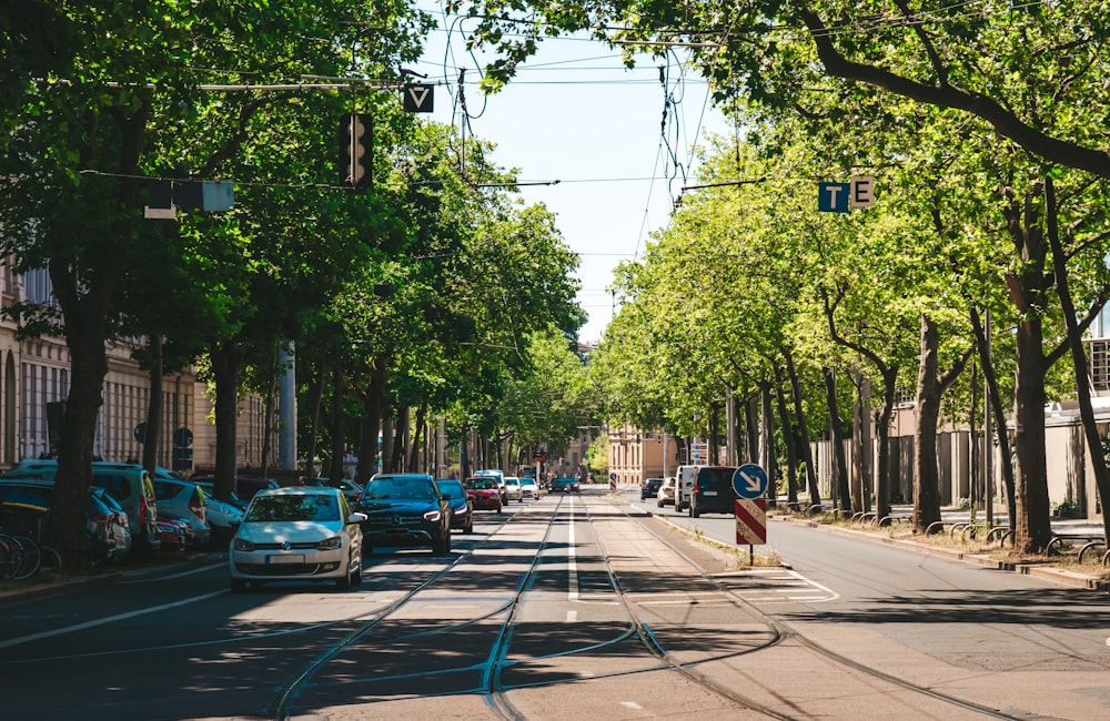 eine Straße mit Autos, die auf beiden Seiten geparkt sind