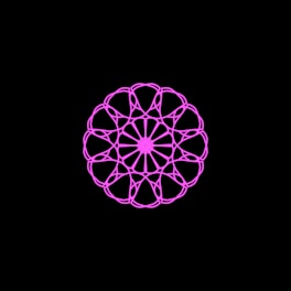 A symmetrical, intricate mandala pattern rendered in bright pink against a stark black background. The design features interconnected loops forming a circular shape with a floral motif at its center.