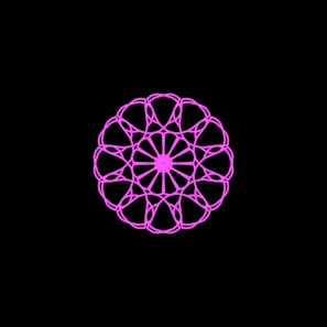 A symmetrical, intricate mandala pattern rendered in bright pink against a stark black background. The design features interconnected loops forming a circular shape with a floral motif at its center.