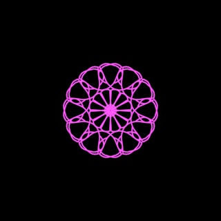 A symmetrical, intricate mandala pattern rendered in bright pink against a stark black background. The design features interconnected loops forming a circular shape with a floral motif at its center.