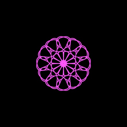 A symmetrical, intricate mandala pattern rendered in bright pink against a stark black background. The design features interconnected loops forming a circular shape with a floral motif at its center.