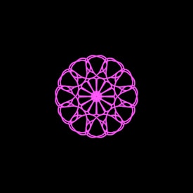 A symmetrical, intricate mandala pattern rendered in bright pink against a stark black background. The design features interconnected loops forming a circular shape with a floral motif at its center.