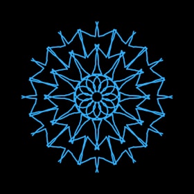 Intricate sacred geometry patterns illuminated in deep blue and gold hues against a black backdrop.