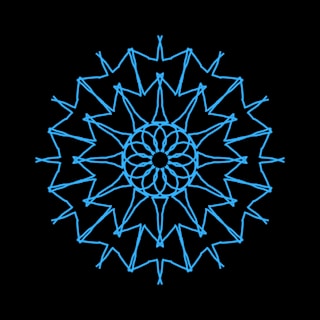 Intricate sacred geometry patterns illuminated in deep blue and gold hues against a black backdrop.