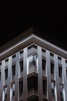 Exterior renovation showcasing a contemporary facade with clean white walls and subtle blue lighting highlights.