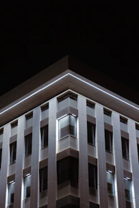 Modern townhouse with sleek black and white facade and neon blue lighting accents.