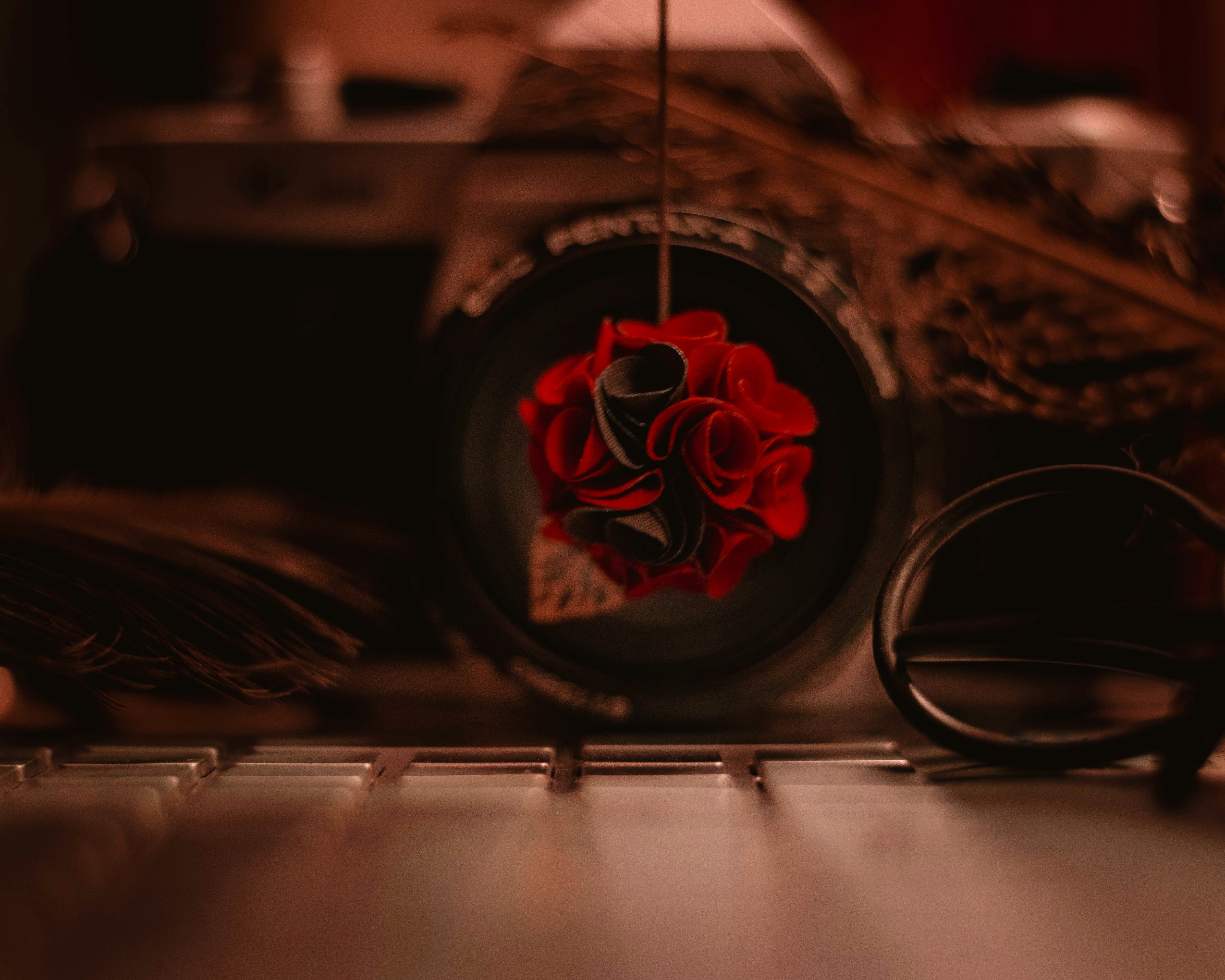 a close up of a red rose on a computer keyboard