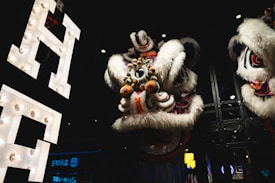 A traditional lion dance head with intricate details including colorful patterns and fur trimming. The background features illuminated signage with soft lighting effects.