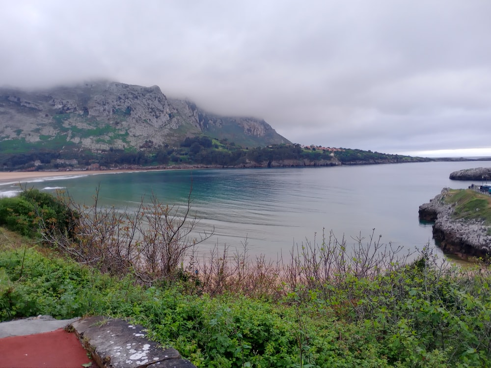 a body of water surrounded by a lush green hillside