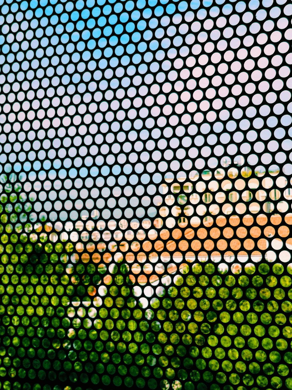 a view through a meshed screen of a city