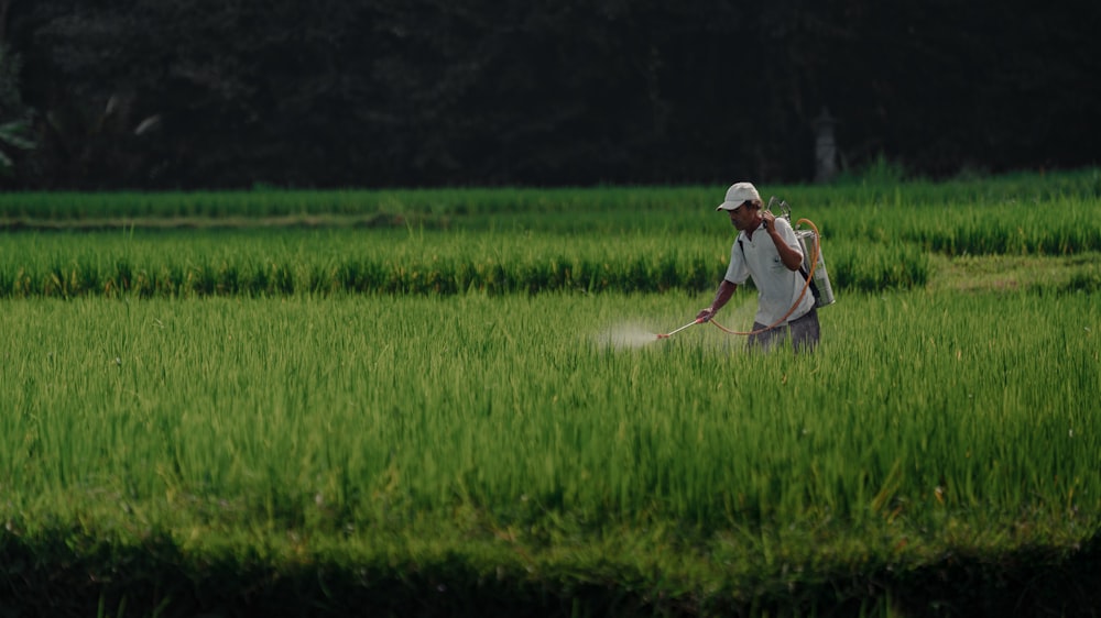 a man in a field spraying pest from a sprayer