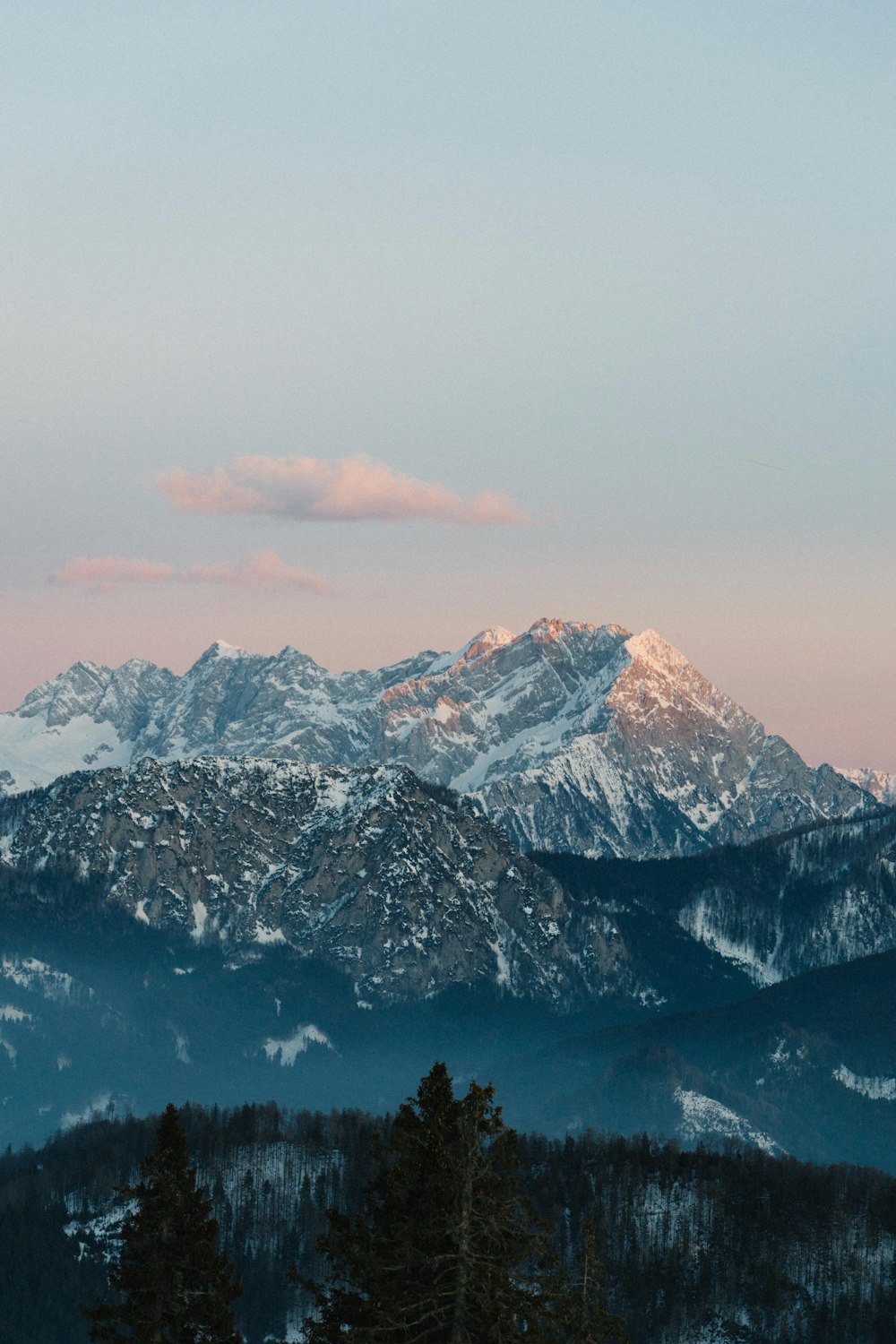 a view of a snowy mountain range with trees in the foreground